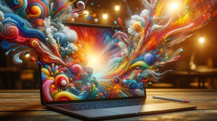 a laptop on a wodden table bursting with colors, symbolizing AI art.