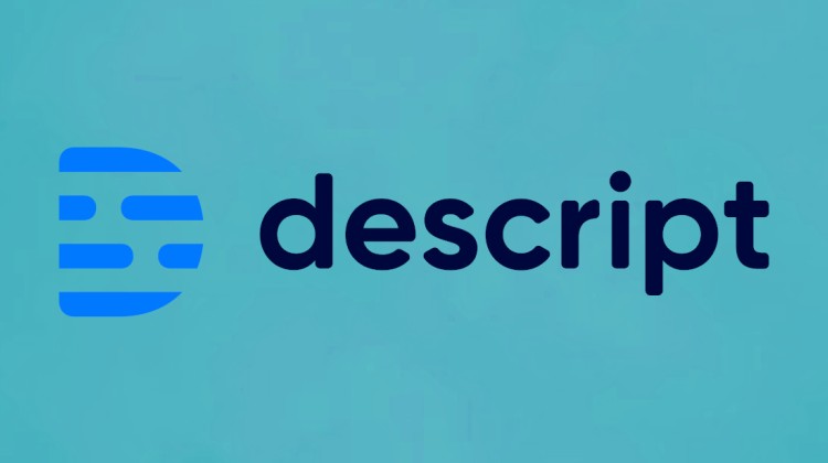 The logo of Descript, showing a blue stylized letter D, with the lowercase brand name 'descript'  on a turquoise background.