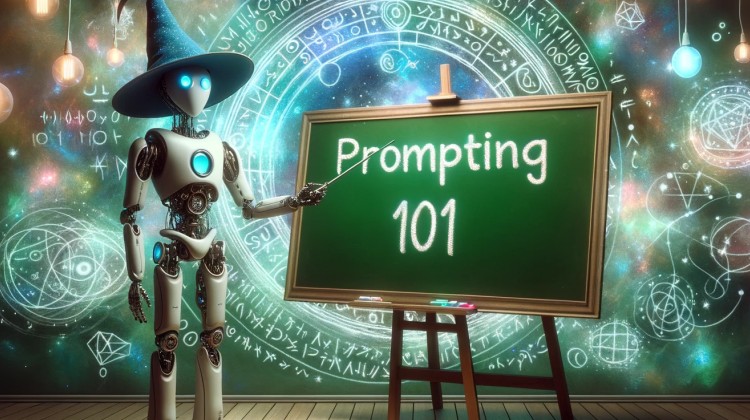 A robot wearing a wizard hat pointing towards a chalkboard with "Prompting 101" written on it. 