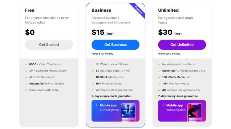 The different pricing tiers of InVideo, showing their free sign-up option, business, and unlimited subscription model. 