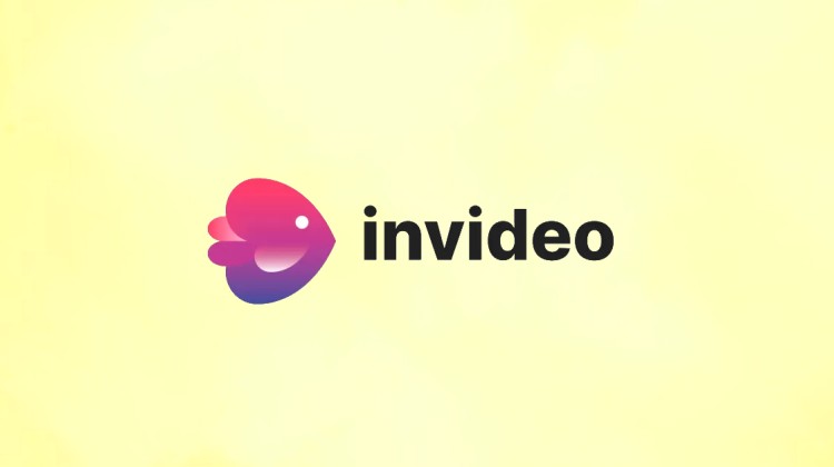 The logo of InVideo AI, which resembles a purple fish, with the lowercase brand name 'invideo' in black font on a yellow gradient background.