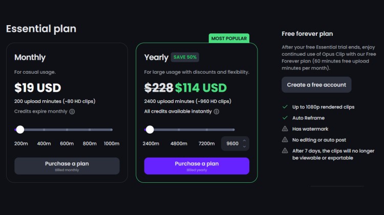 The different pricing tiers of the Video AI platform OpusClip.