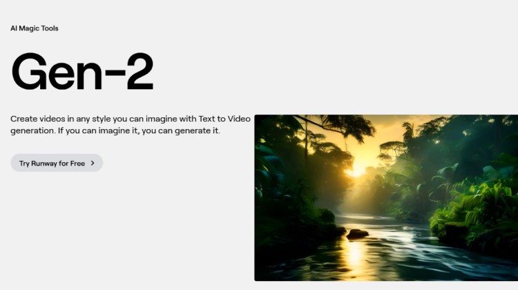 The front page of Runway’s Gen 2 introduction showing a still frame of an AI-generated video.