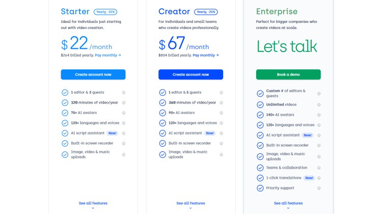 The different pricing tiers of Synthesia AI.
