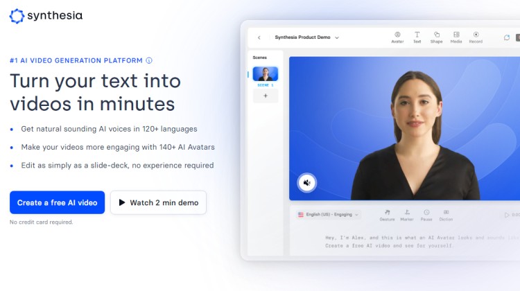 The front page of Synthesia showing the heading „Turn your text into video“ with a list of their AI‘s benefits. 