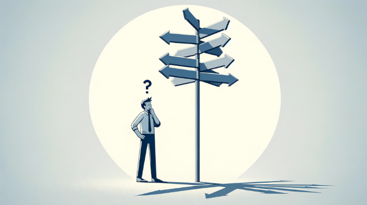 illustration of a confused man standing in-front a road-sign pointing at various directions